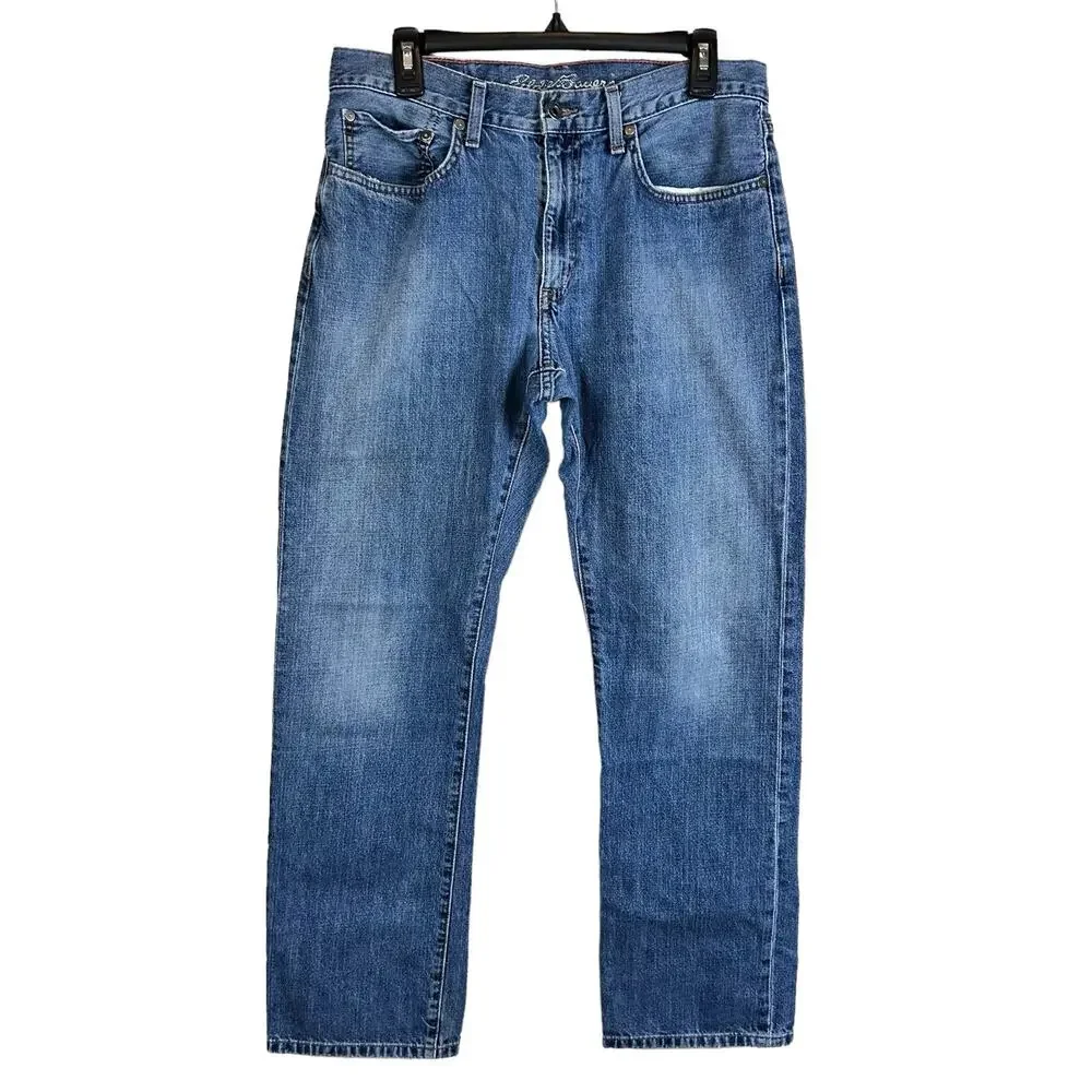 Eddie Bauer Men Jeans Size 33x32 Straight Blue Distressed Hems Classic Denim
